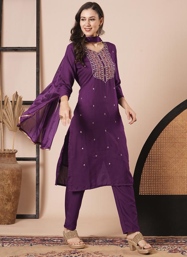 Rayon Slub Purple Festival Wear Embroidery Work Readymade Kurti Set